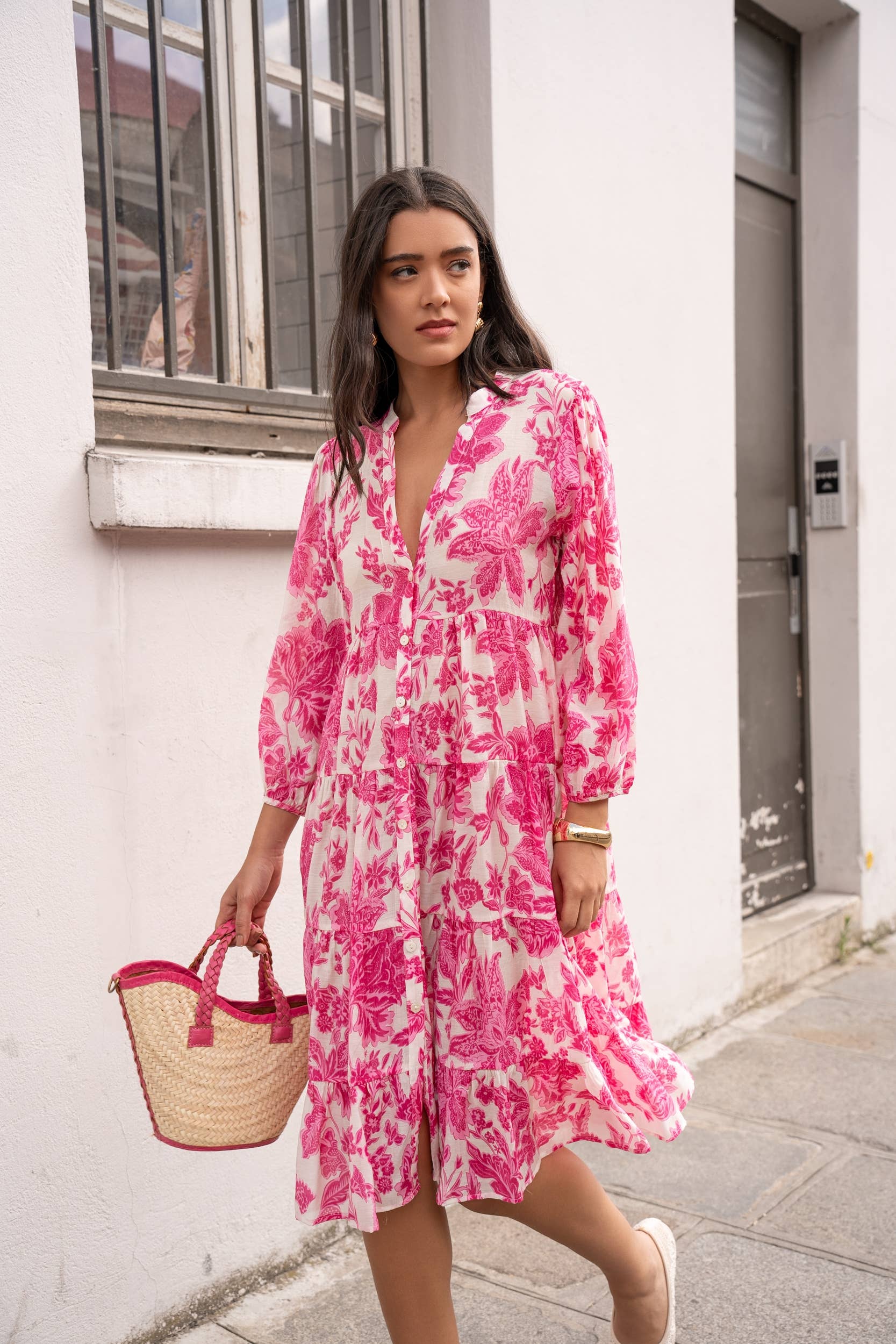 Elegantes Damen Choklate Paris Sienna Hemdblusenkleid Midilänge Florales Hibiskusmuster Pink - Image 4