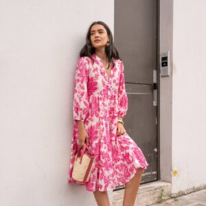 Alternative view of Elegantes Damen Choklate Paris Sienna Hemdblusenkleid Midilänge Florales Hibiskusmuster Pink