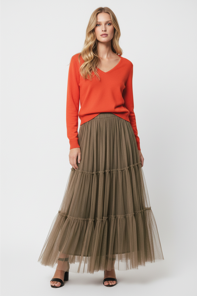 Elegantes Damen Lanidor Ausgestellter Tüllrock Midi Taupe