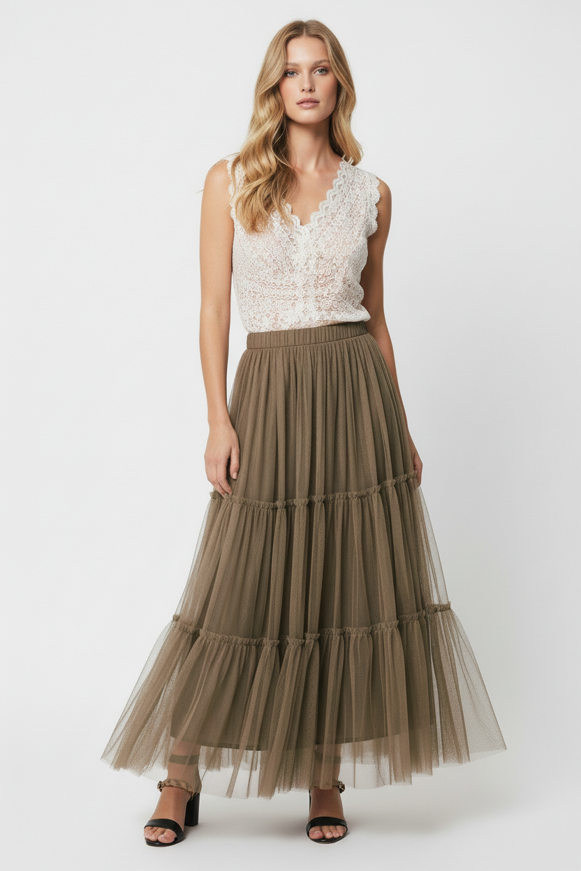 Elegantes Damen Lanidor Ausgestellter Tüllrock Midi Taupe - Image 2