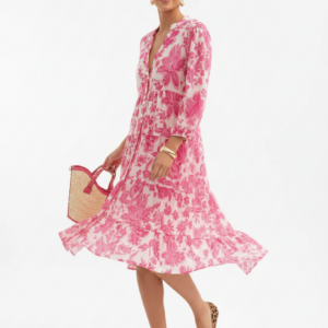 Elegantes Damen Choklate Paris Sienna Hemdblusenkleid Midilänge Florales Hibiskusmuster Pink