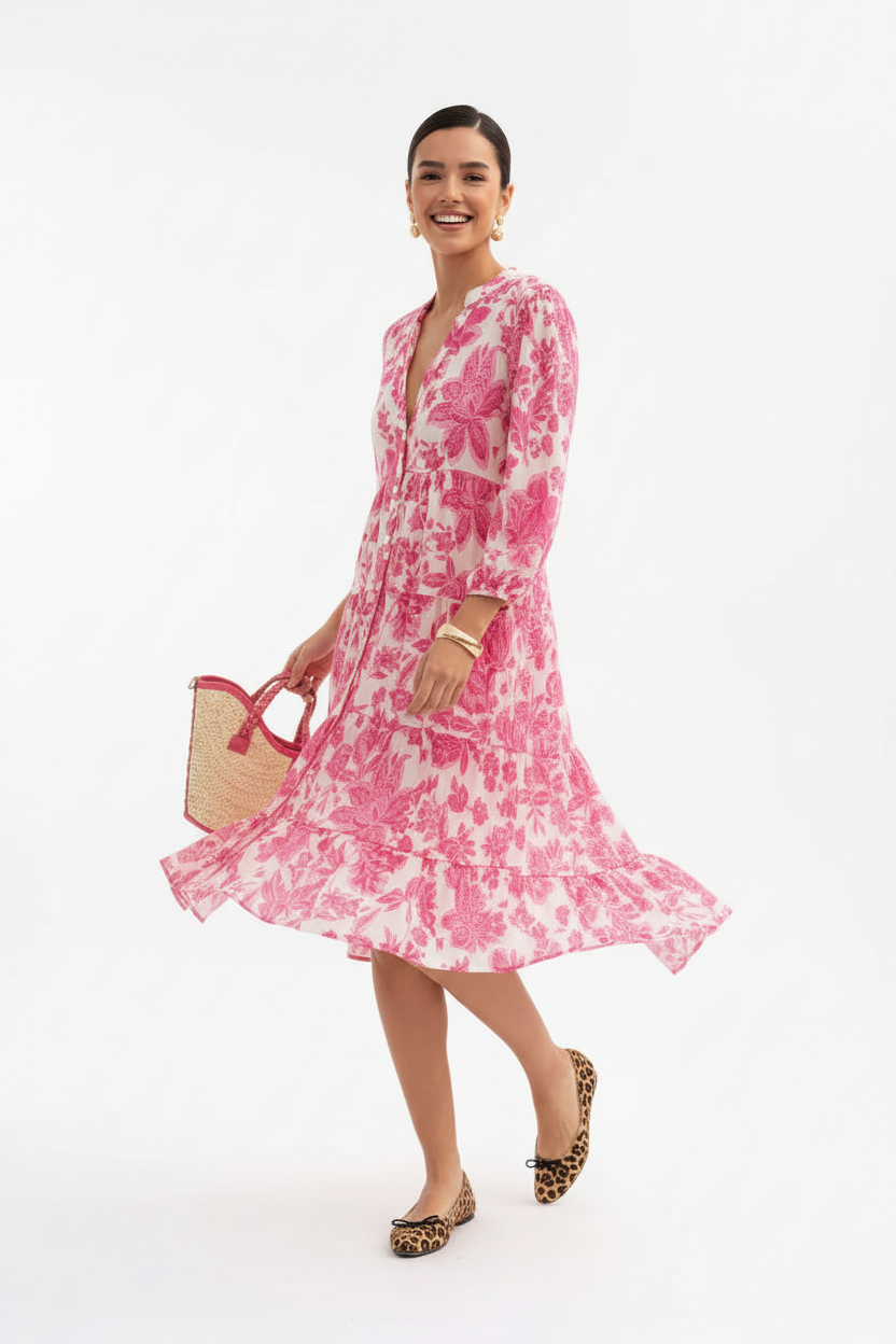 Elegantes Damen Choklate Paris Sienna Hemdblusenkleid Midilänge Florales Hibiskusmuster Pink